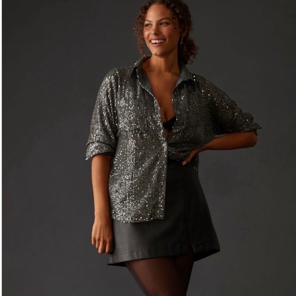 NWT Anthropologie Sequin Buttondown Long Sleeve Shirt in Slate size M - Picture 5 of 17